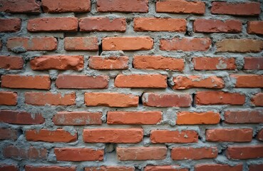 Obraz premium Close-up of old red brick wall with rough texture. Aged building facade, urban decay architecture. Grunge solid brickwork background, retro vintage style surface.