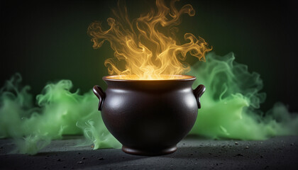 Mystical black pot filled with golden glow and green mist, evoking Saint Patrick’s Day magic
