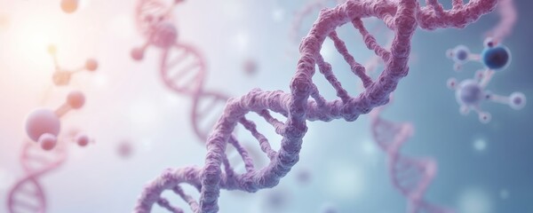 Fototapeta premium Illustration of DNA molecular structure. Genetic research, gene synthesis, lab experiment. DNA sequencing visualisation. Helix string of molecule construction and experiment of life science.