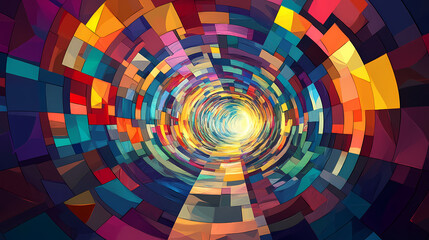 Colorful mosaic tunnel with abstract geometric patterns, creating a vibrant and dynamic visual effect, perfect for artistic and design projects. Mosaic Dreamscapes. Illustration