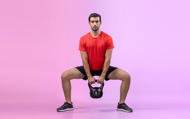 Full body length gaiety shot athletic and sporty young man with fitness in squat exercise posture on isolated background. Healthy active and body care lifestyle.