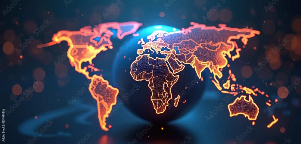 Aufkleber Global digital network connects Earth, high speed data transfer. Cyber technology, information exchange, international telecom concept. Futuristic glowing fiber optic mesh globe sphere.