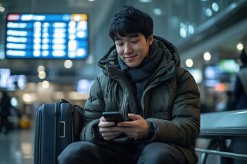 Traveling smart young man texting at airport busy terminal lifestyle moment indoor casual view