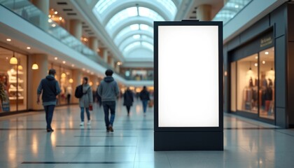 Large black blank vertical billboard stands in shopping mall. Advertising mockup with empty digital screen for marketing in public space on blurred background. Modern business promotion, digital