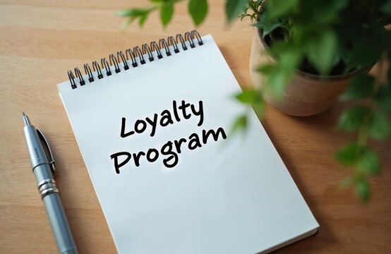 Notebook with Loyalty Program text on wooden table. Pen, plant nearby. Business concept for customer retention, rewards, client management. Sales, marketing, special offers, discounts.