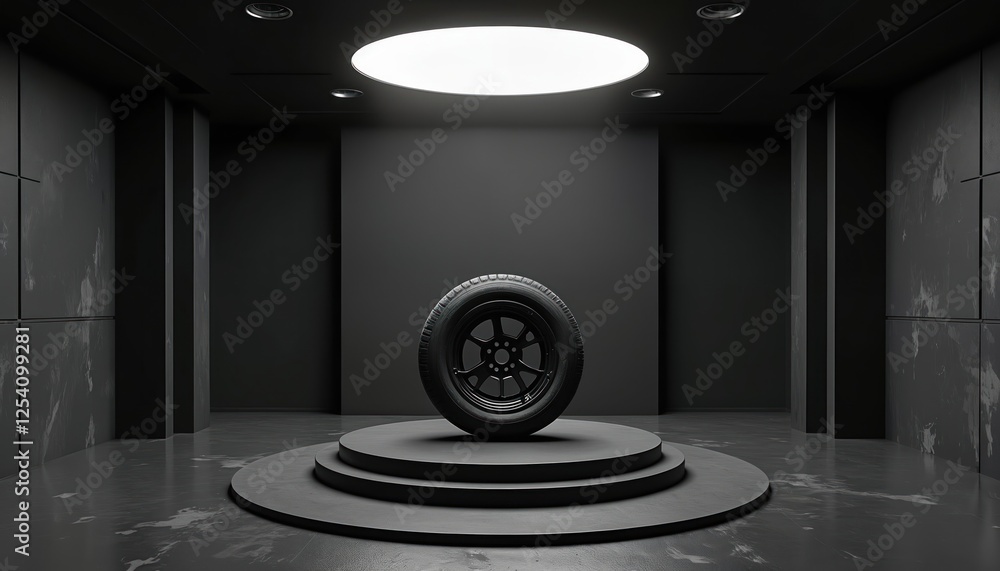 Aufkleber Tire on podium in center of black showroom. Brutal minimalistic background with copy space for product advertising auto service. Empty 3d showcase for product display.