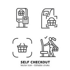 Self-service checkout line icons set. Supermarket, grocery store with automated self-checkout terminal. Contactless payment, cashless paying, checkout self service flat outline icons. Editable stroke