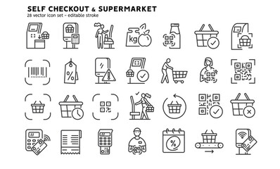 Self-service checkout line icons set. Supermarket, grocery store with automated self-checkout terminal. Contactless payment, cashless paying, checkout self service flat outline icons. Editable stroke