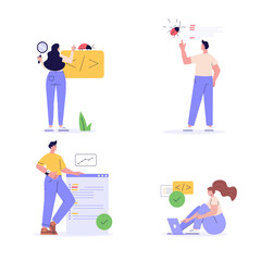 Software testing illustration set. Coders working with code testing and debugging, searching bugs. Collection of software testing, bug report, quality assurance, fixing program code. Vector design