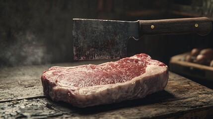 Meat Cut on Cutting Board with Meat Cleaver