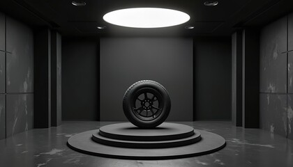 Tire on podium in center of black showroom. Brutal minimalistic background with copy space for product advertising auto service. Empty 3d showcase for product display.