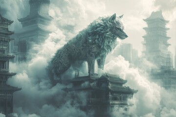 Mythical wolf guardian in ancient city surreal art dreamlike environment mystical perspective