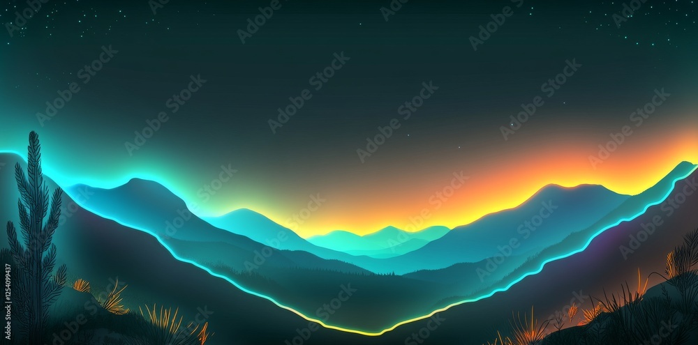 Poster 3d renderingdark, flowing shape adorned with a line of colorful light in a dark setting