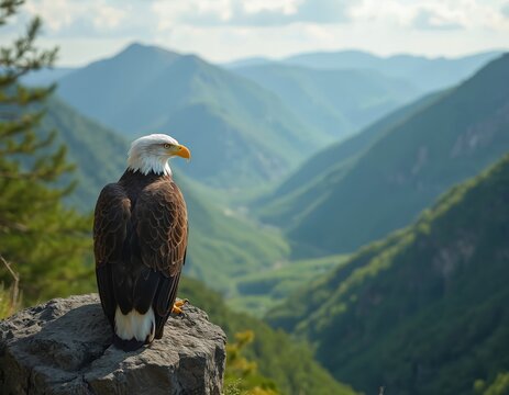 Bald eagle perched on rock, overlooks lush green valley. Majestic bird of prey in mountain landscape symbolizes freedom, power, american wildlife nature.