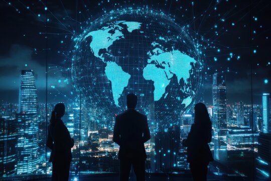 Global network, business team, city skyline.