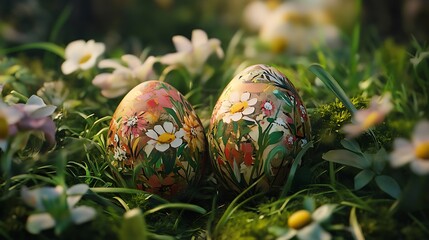 Decorated Easter eggs surrounded by grass and flowers