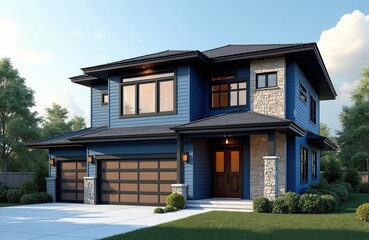 Modern style new luxurious home illustration with two car garage. Blue color house with stone and wood elements. Real estate property exterior with lawn.