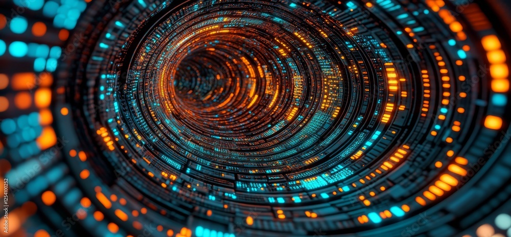 Poster visualization of the big data concept alongside a blockchain 3d depiction. flowing information waves