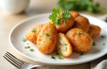 Fototapeta premium Close-up of bolinhos de bacalhau, portuguese cod fritters served on plate with parsley garnish. Delicious, fried snack traditional portuguese gastronomy dish. Perfect for tapas bars food photography.