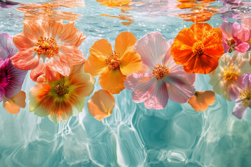 Floating petals and blooming flowers  in clear water