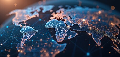 Abstract glowing map of planet Earth with network mesh. Concept of worldwide data transfer, global business, international exchange, telecommunication. Worldwide web connection, Middle East