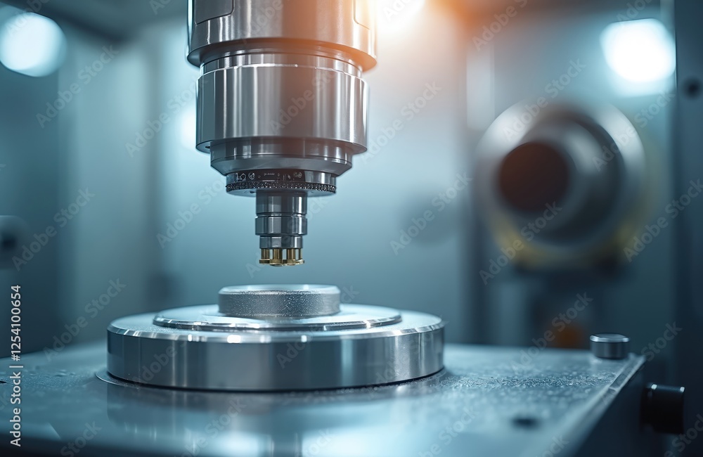 Fototapete Robotics arm grips metal part in CNC lathe machine. Hi-tech autonomous manufacturing process of automotive parts by turning equipment, industrial innovation, automotive production.