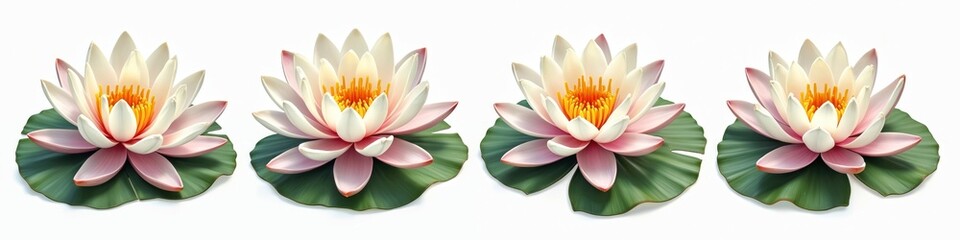 Fragrant water lily flower clipart collection. Visual icons of blossom with pink flower petals, vibrant blooming botanical elements. Set of assorted aquatic plants isolated on transparent background.