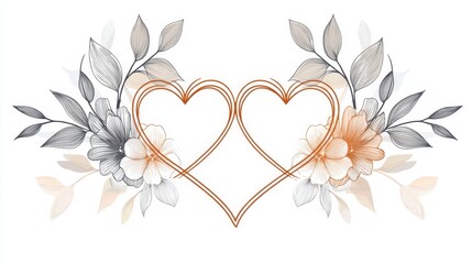 Two hearts are intertwined within a floral arrangement featuring delicate flowers and leaves. The design uses soft colors and intricate line work, ideal for wedding decorations or romantic themes