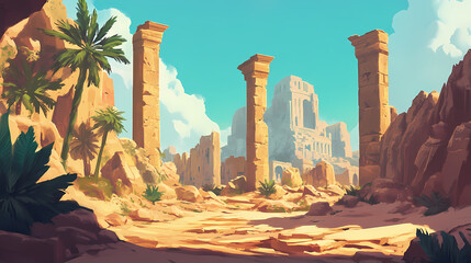 Golden ancient city ruins: a candid fantasy landscape. Golden Age Ruins. Illustration