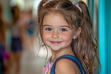 Fototapeta premium Happy little girl and friends running in the school hallway, laughing on the first day of the new academic year