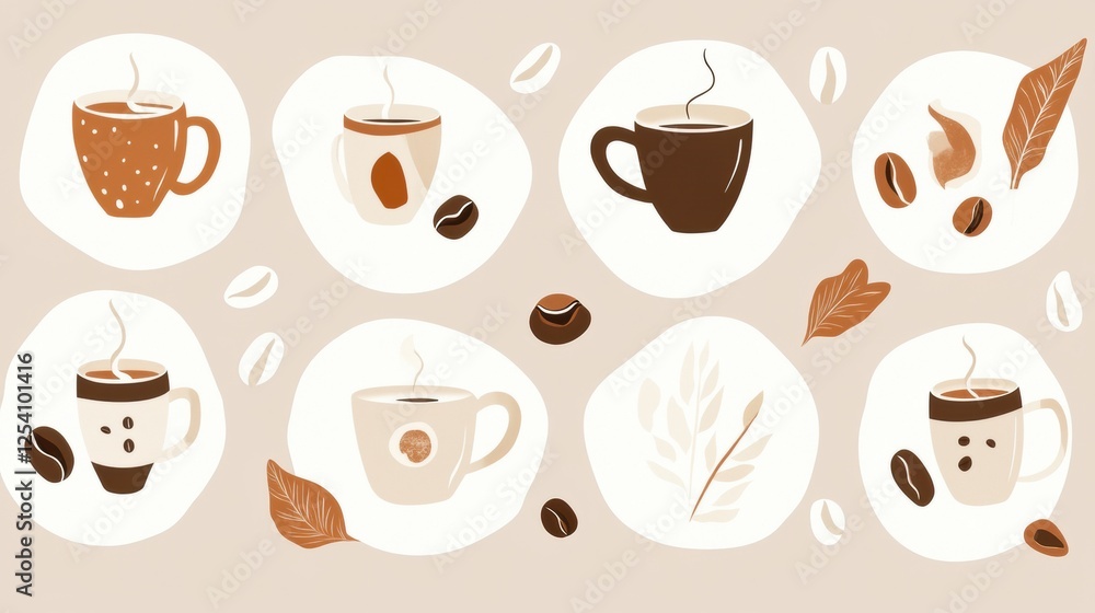 Poster delightful stickers featuring varied coffee cups and beans in warm tones for creative projects and c