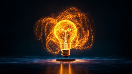 A glowing light bulb surrounded by fiery sparks, creating a vibrant and energetic atmosphere.
