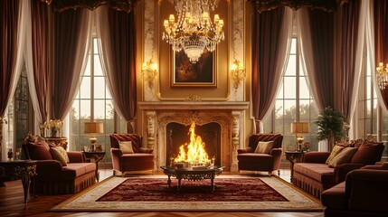 Fototapeta premium Luxury Living Room Interior with Grand Fireplace, Plush Velvet Sofas, Crystal Chandelier, and Marble Accents in a Cozy Sophisticated Atmosphere