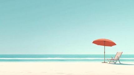 Relaxation at the beach with a lounge chair and umbrella under a clear blue sky and gentle ocean waves. Generative AI