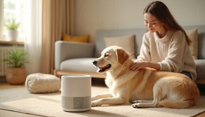 Fototapeta na wymiar Young woman pets dog near white air purifier in beige living room interior. Wellbeing concept. Air cleaner for fresh home atmosphere and healthy lifestyle.