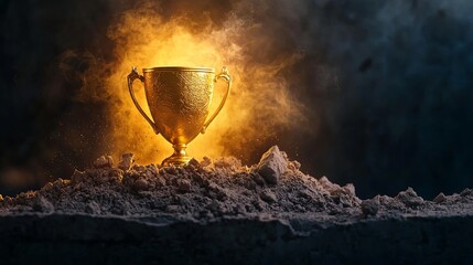 A glowing golden trophy sits majestically atop a mound of rubble, illuminated by a warm ethereal light.