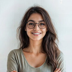 Obraz premium miling young woman with long dark hair and round glasses