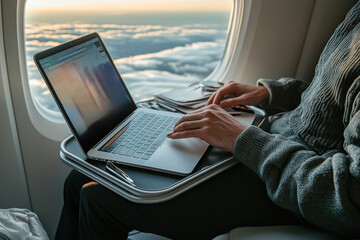 Working on a laptop during a flight airplane lifestyle image cloudy sky close-up travel inspiration