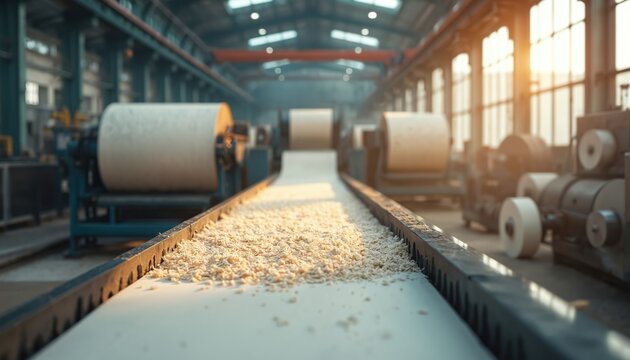 Paper mill illustration featuring conveyor belt transporting wood pulp for industry. Automated production line with paper rolls. Factory equipment, industrial manufacturing process, material