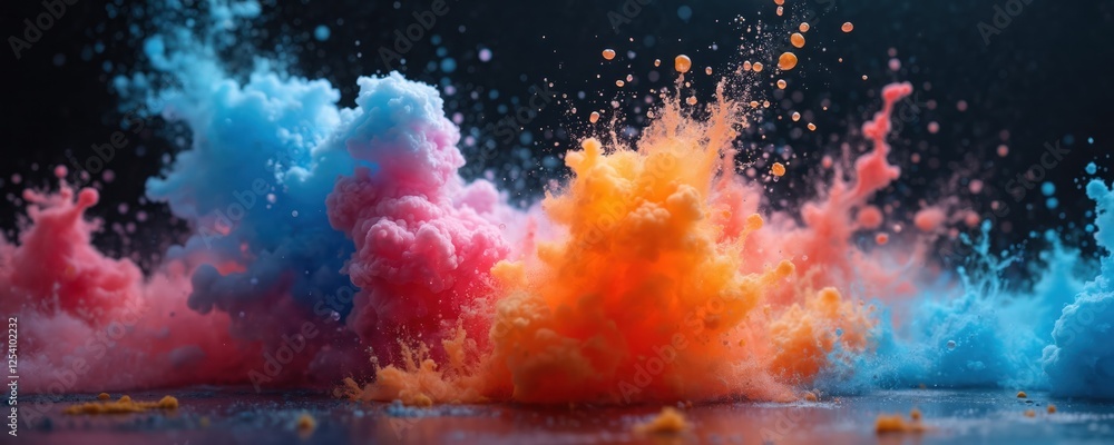 Poster Illustration of colorful ink droplets explosion. Suspended in air droplets create colorful cloud-like effect. Liquid canvas with splash art, explosion texture with blue, orange, pink mist.
