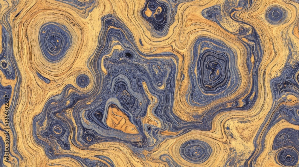 Poster with random black waves as a backdrop, yellow topographic backgrounds and textures showcase abstract