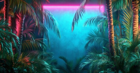 A scene where leaves obscure a pink neon rectangle on a black background