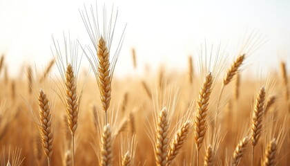 Fototapeta premium Closeup of wheat field with golden ears of ripe wheat. Grain crop agricultural farm provides food security, harvest in countryside. Flour, bakery industry raw material.