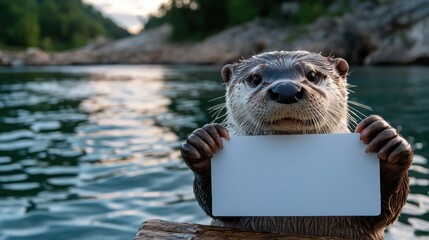In a tranquil lakeside setting, an adorable otter stands on a wooden platform, holding a blank white sign against the peaceful backdrop of water and greenery during evening hours