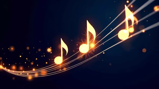 Close-up on a golden grid with lights hangs musical notes of golden color with sparkles on a dark background, they shimmer brightly and smoothly approach surrounded by lights and bokeh. 