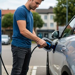 Obraz premium Trying to plug in his car for charging