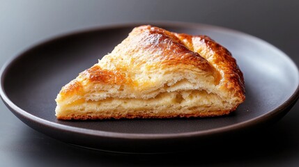A slice of flaky pastry is placed on a dark plate, showcasing its golden brown crust and layered interior. It looks delicious and ready for enjoyment at any time of day