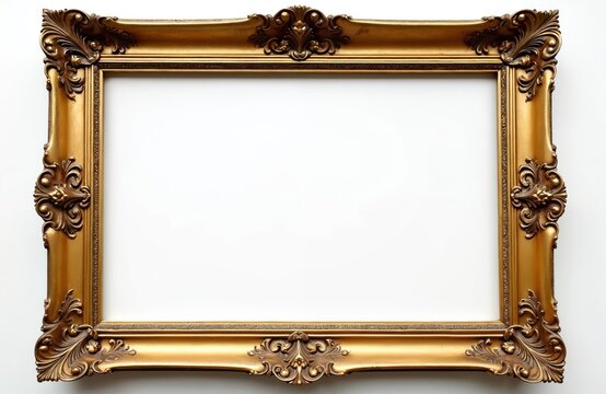Large empty golden picture frame in vintage retro style, isolated on white background. Ornate carved gilded framework for painting or photo. Aged luxurious decor. Copy space.