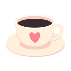 A coffee cup with a heart on it sits on a white plate. The cup is filled with dark coffee, and the heart is pink. Concept of warmth and comfort, as the heart symbolizes love