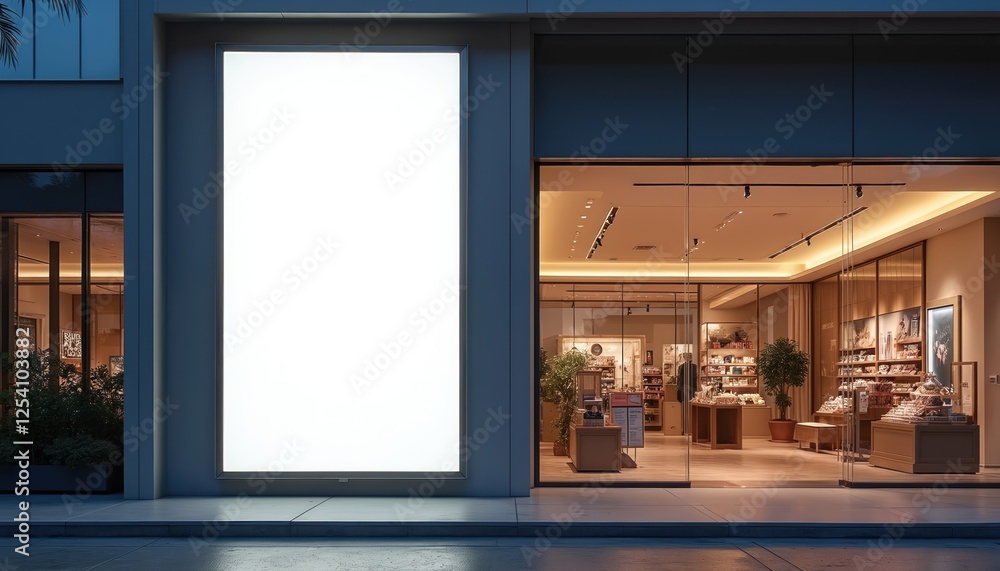 Poster blank led screen mockup stands near cosmetics shop entrance in shopping mall. empty space billboard 